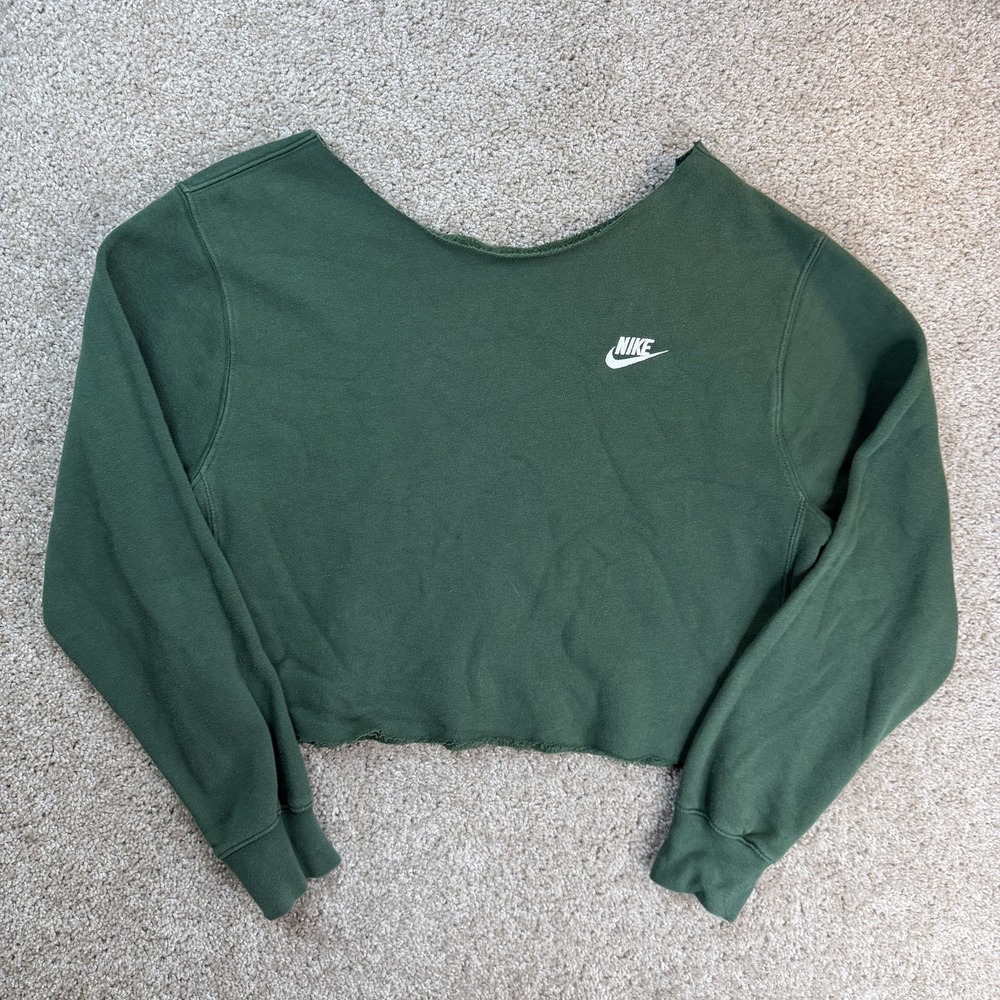 Nike Sweatshirt Womens Large Green Fleece Cropped Logo Raglan Boatneck Pullover
